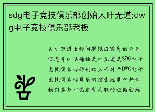 sdg电子竞技俱乐部创始人叶无道;dwg电子竞技俱乐部老板