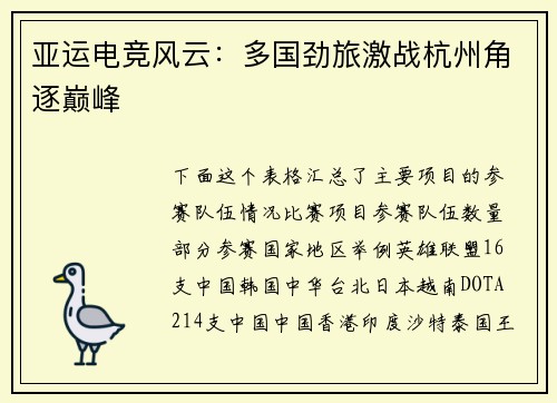 亚运电竞风云：多国劲旅激战杭州角逐巅峰